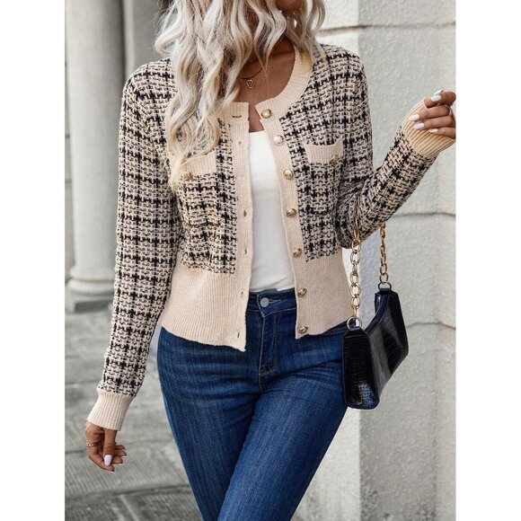 Beige Tweed Cardigan Long Sleeve Minimalist plazacore preppy - Picture 1 of 2
